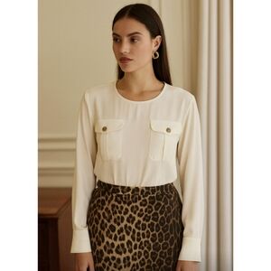 Lauren Ralph Lauren Cream Long Sleeve Blouse Gold Buttons Old Money Silky Size L